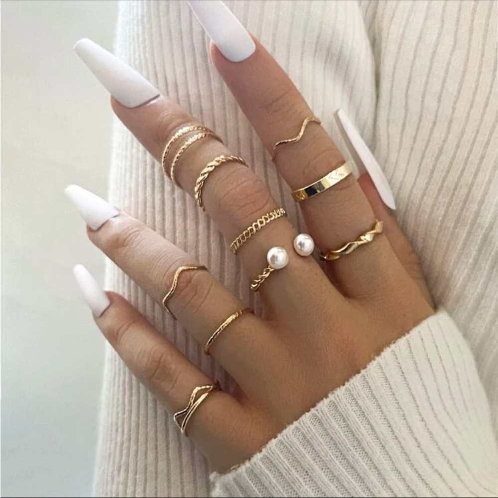 10-piece gold and pearl cuff midi ring set